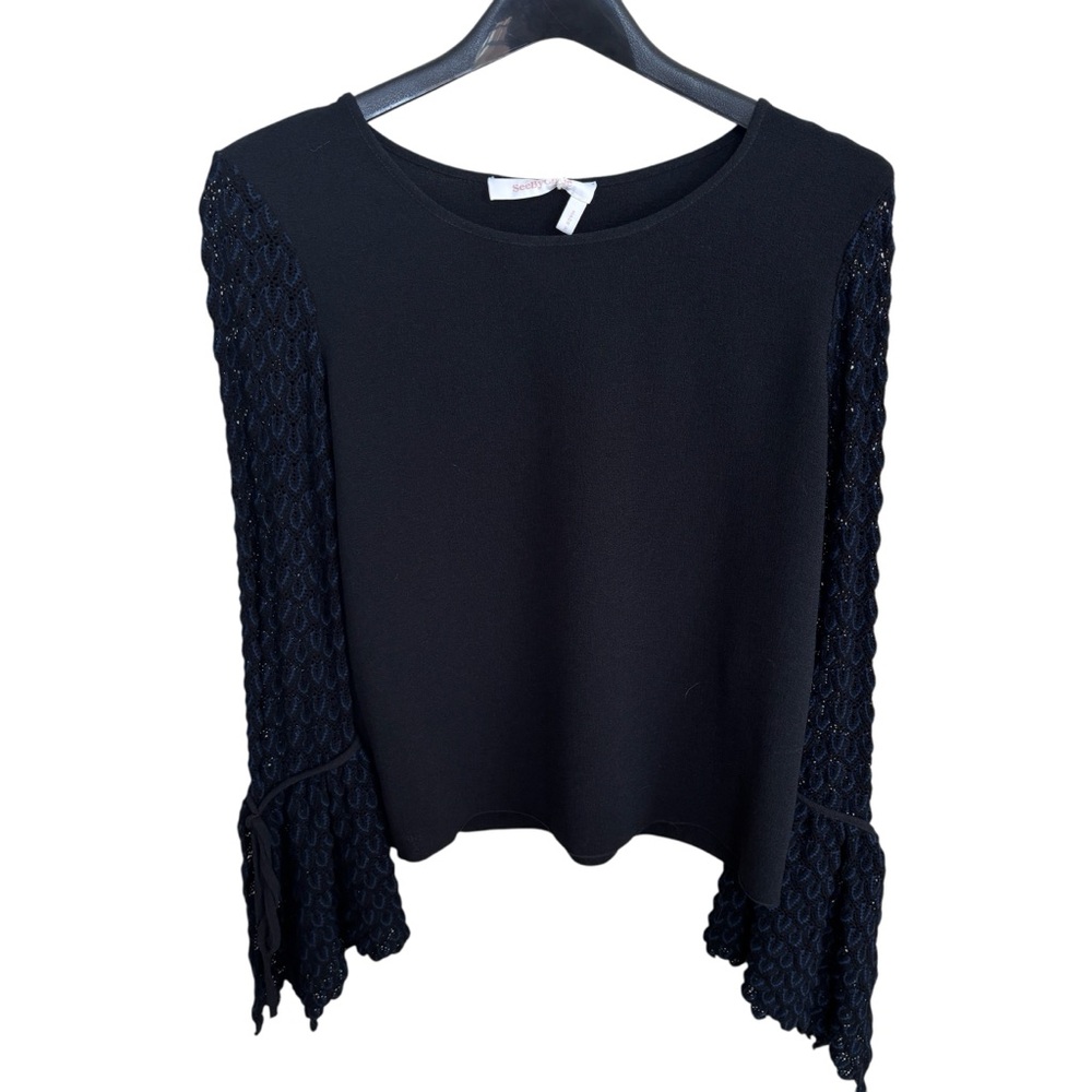 See by Chloe Knit Flared Black Crochet Sleeve Detail Top 38 NWT